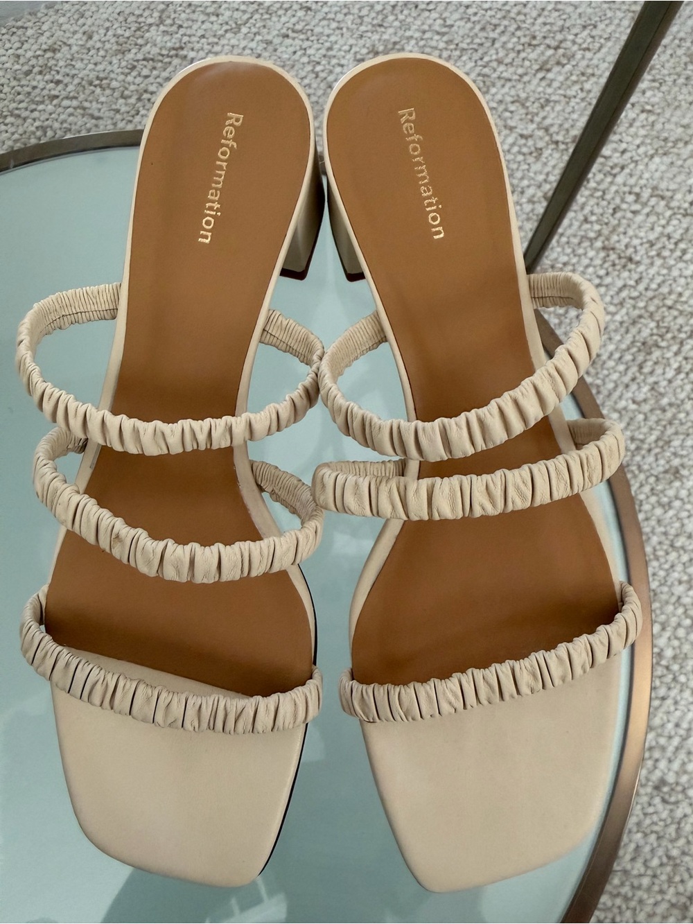 Reformation Cream Ruched Triple-Strap Slide Sandals